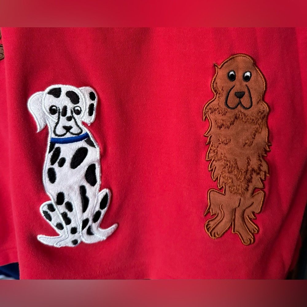 Bechamel Womens Cotton T-Shirt Red Short Sleeve Dog Embroidered Sz Petite Large - Picture 9 of 13